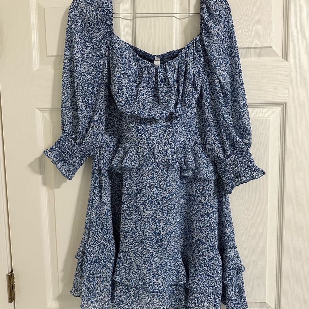 EXLURA Tiered Square Neck Off Shoulder Smocked Skater Sundress Size L